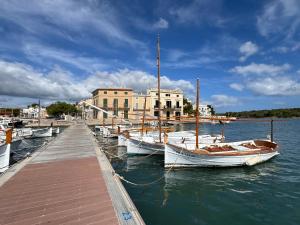 un grupo de barcos están atracados en un muelle en BEACH FRONT APARTMENT in CALA MARSAL with the SEA VIEW !, en Portocolom