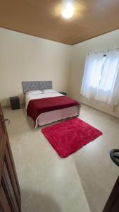 a bedroom with a large bed with a red rug at Casa Vale dos Peões Lumiar 3 in Nova Friburgo