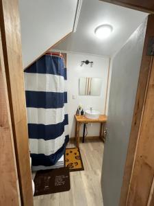a bathroom with a blue and white shower curtain and a sink at Departamento centro de Castro in Castro +6 photos