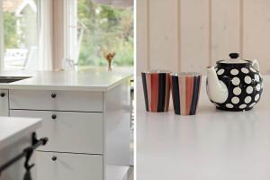 Eine Küche mit weißer Arbeitsplatte, auf der eine Vase und Tassen stehen. in der Unterkunft 6757 Hasle - Skovtoften 16 in Hasle