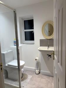 ein Badezimmer mit Toilette, Waschbecken und Spiegel in der Unterkunft Sycamore Retreat in Kettering
