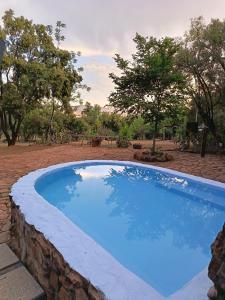 Una gran piscina azul con árboles al fondo. en Koinonia Bush Lodge, en Hartbeespoort