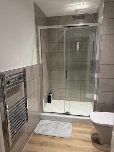 a bathroom with a shower with a toilet and a sink at Elegant 1 Bed Flat Near Stadium & Shops and free parking in Manchester