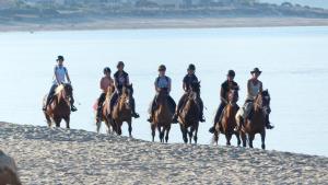 a group of people riding horses on the beach at Maquis et plage in Sollacaro