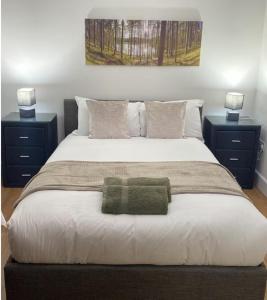 a bedroom with a large bed with two night stands at Stunning Studio2, Banstead with free off st parking in Banstead