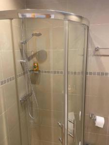 a shower with a glass door in a bathroom at Stunning Studio2, Banstead with free off st parking in Banstead