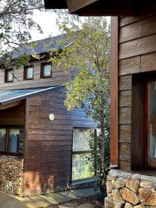 a wooden house with a tree in front of it at Cabañas ROCA DEL LAGO, en Villa Pehuenia in Aluminé