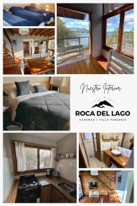 a collage of photos of a hotel room with a bed and a stove at Cabañas ROCA DEL LAGO, en Villa Pehuenia in Aluminé