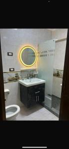 亚历山大Modern Entire studio, few steps from the sea with garden view Balcony and Free Wi Fi in Alexandria的浴室里有马桶、洗手池和镜子。