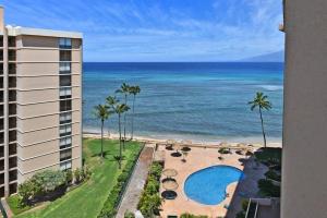 an aerial view of a hotel and the ocean at Royal Kahana 1020 · RK 1020 BeachFront 2BD Condo w Ocean Views A in Kahana