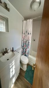 a bathroom with a white toilet and a sink at Charming, Recently Renovated 3 Bedroom Beach Block In Ship Bottom in Ship Bottom +19 photos