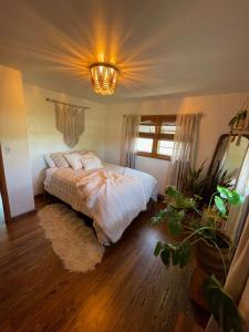 a bedroom with a bed and a chandelier at Bohemian Oasis in Cudahy