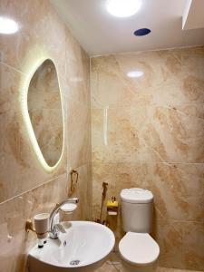 カイロにあるPyramids Top view innの洗面台、トイレ、鏡のあるバスルーム
