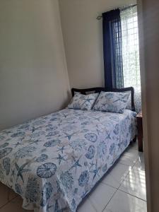 WillikiesにあるLong Bay Rd 2BR Apartmentのベッドルーム1室(青と白の掛け布団付きのベッド1台付)
