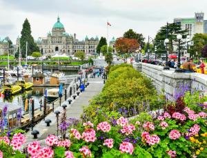 a view of a harbor with flowers and a building at Chic & Modern Apartment In The Heart Of Downtown in Victoria +3 photos