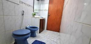 a bathroom with a blue toilet and a mirror at Casa Hogar-Barbacoa y Garaje in Salto