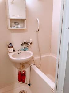 a small bathroom with a sink and a shower at Shibuyastay in Tokyo