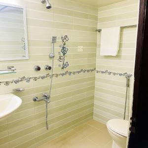 a bathroom with a shower with a toilet and a sink at Dhaka Furnished Apartment in Gulshan in Dhaka