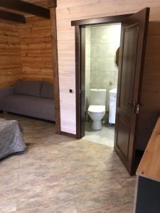 a bathroom with a toilet and a couch at Берег Світязя 3 in Svityazʼ