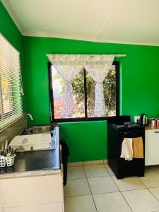 a green kitchen with a sink and a window at Cozy 2 Bedroom near Kruger in Hectorspruit