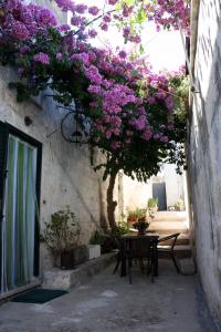 a table and chairs under a tree with purple flowers at Corte Del Campanaro in Ugento