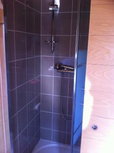 Łazienka z prysznicem wyłożona jest niebieskimi kafelkami. w obiekcie Pavillon "CASSIOPÉE" w mieście Rosnay