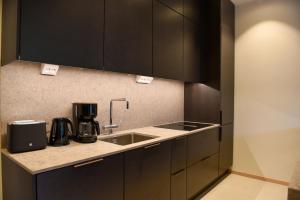 a kitchen with black cabinets and a sink at Levi Fjällen 6 in Levi