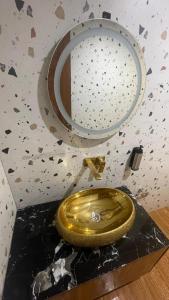 een gouden toilet in een kamer met een spiegel bij The White Castle Hotel in Mysore +6 foto's