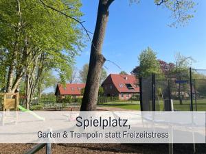 a basketball court in a park with a tree at Meine Schule Sehlingen, Familien & Generations Landurlaub, Freunde & Team-Auszeit, Workation, Sauna, Ruhe & Erholung, Niedersachsen, Verden, Hamburg, Bremen, Lüneburger Heide, Heide Park 38 km , Serengeti Park 39 km, Weltvogelpark 22 km in Kirchlinteln +77 photos