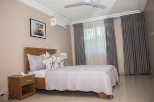 a bedroom with a bed and a window at Manjaro Suites in Accra