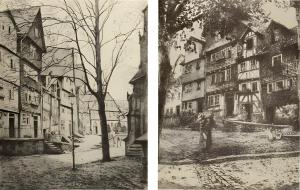 a black and white photo of a street with buildings at Ferienwohnungen Homberger Altstadt in Homberg