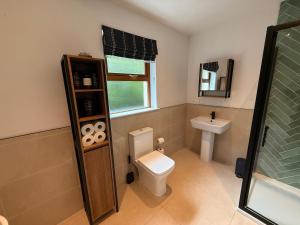 a bathroom with a toilet and a sink at Foyleview Point in Balnacart +81 photos