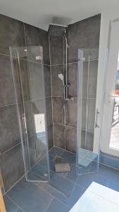 a shower with a glass enclosure in a bathroom at Kapitänshus-Strandpark 24 in Grömitz +10 photos