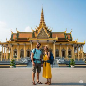 a man and a woman standing in front of a building at THE PLACE Hostel Phnom Penh in Phnom Penh