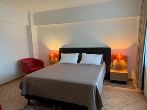 クラヨーヴァにあるCity Centre Craiovaのベッドと赤い椅子のある寝室