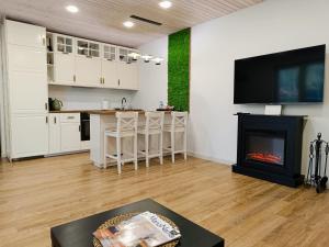 a living room with a fireplace and a tv at Pievų Tako kiemelis in Klaipėda