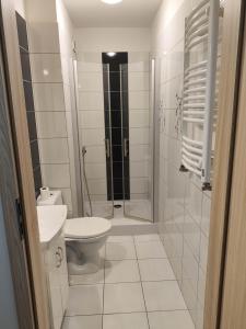 a white bathroom with a toilet and a shower at Eleven Pokoje in Gdynia