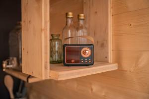 an old fashioned radio sitting on a shelf with bottles at Refuge panoramique en Haute-Loire in Saint-Julien-Molhesabate