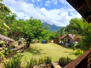 プエルト・プリンセサにあるB&R Hostelの山を背景に広がる庭の景色