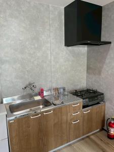 une cuisine avec un évier et une cuisinière dans l'établissement 1棟貸新築ロフトハウスK2 安濃津 Suzuka ise, à Tsu 11 autres photos