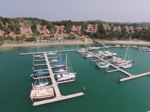 un grupo de barcos atracados en un muelle en el agua en Nongsa Point Marina, en Nongsa