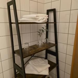 a bathroom with a shelf with towels and a mirror at Hildebrandts Landhotel in Klettbach