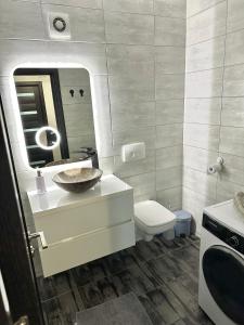a bathroom with a sink and a toilet and a mirror at Toto’s Apartment in Constanţa +14 photos