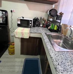 a kitchen counter with a sink and a microwave at Jaza homes in Baruti West