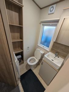 ein kleines Badezimmer mit Toilette und Waschbecken in der Unterkunft Elegant caravan home in Hampshire, United Kingdom 6 guests 2 bedroom 3 beds 1 sofa bed 2bathrooms in Hayling Island