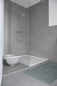 Un baño con ducha con bañera y lavabo. en Familienparadies auf dem Reiterhof, en Bad Nenndorf 14 fotos más