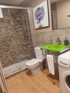 a bathroom with a shower and a toilet and a sink at Aiestaenea Apartamentos Rurales in Isaba +24 photos