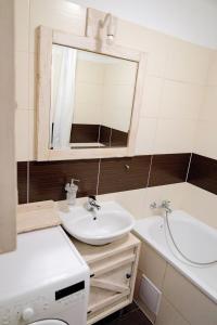 a bathroom with a sink and a mirror and a tub at 2-room apartment near Xbionic-sphere and Bratislava in Nová Lipnica