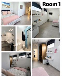 a collage of pictures of a bedroom and a bathroom at Paradise room near the beach in Playa Honda