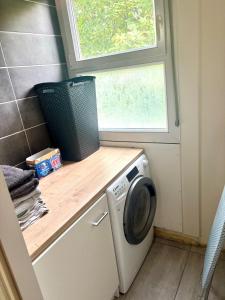 une buanderie avec une machine à laver et une fenêtre dans l'établissement Renovated 3-Bedroom Apartment near UTT, à Troyes